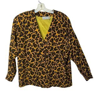 Womens Adam Douglass Silk Sz Large Animal Cheetah Brown Gold Black Button Jacket